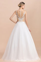 MISSHOW offers Gorgeous Illusion Neck Button Sleeveless White Ball Gown Wedding Dress at a good price from White,Ivory,Champagne,Tulle to A-line Floor-length them. Stunning yet affordable Sleeveless .