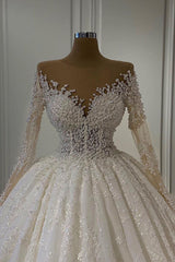 Gorgeous Lace Long Sleeve Beads Ball Gown Wedding Dress-misshow.com