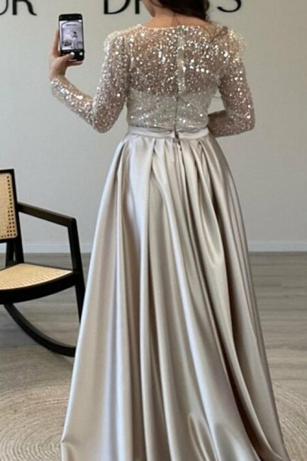 Gorgeous Long A-line Beading Sequined Prom Dresses with Long Sleeves