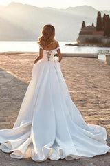 Gorgeous Long A-line Off-the-shoulder Satin Sleeveless Wedding Dresses With Glitter-misshow.com