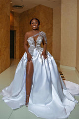 Gorgeous Long A-line One Shoulder Beading Wedding Dress With Slit-misshow.com