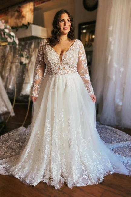 Gorgeous Long A-line V-neck Long Sleeves Lace Wedding Dresses with Train