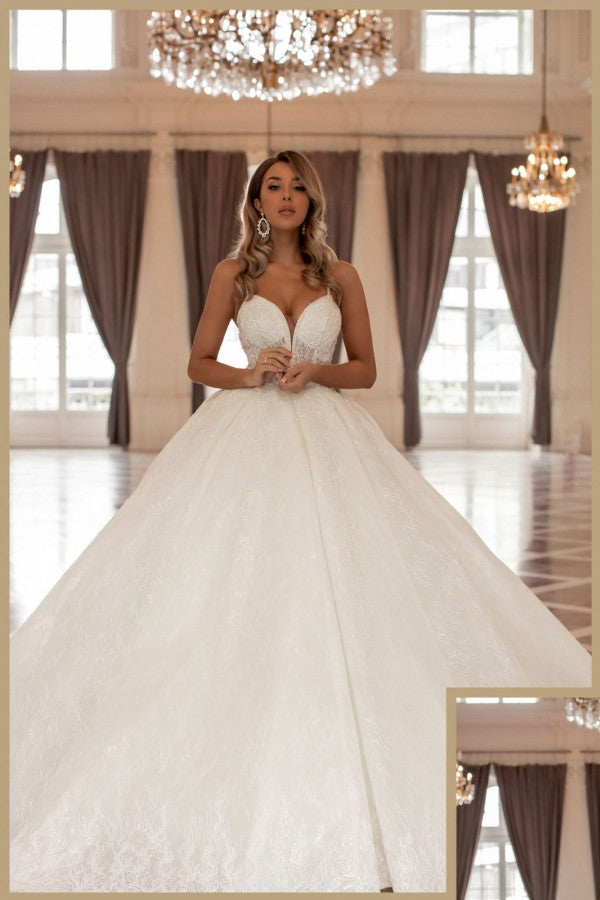 Gorgeous Long A-line V-neck Sleeveless Princess Wedding Dresses With Lace-misshow.com