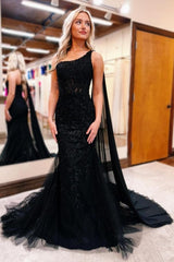 Gorgeous Long Black One Shoulder Mermaid Glitter Prom Dress With Lace