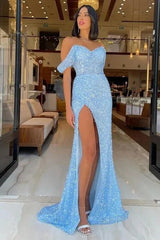 Gorgeous Long Blue Mermaid Off-the-shoulder Sequined Sleeveless Prom Dress With Slit-misshow.com