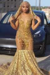 Gorgeous Long Gold Mermaid Lace Sleeveless Sexy Prom Dress