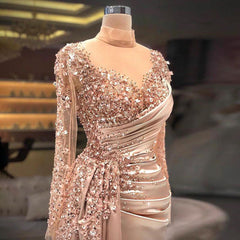 Gorgeous Long High Neck Beading Sequined Prom Dress With Long Sleeves-misshow.com