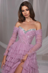 Gorgeous Long Lilac A-line Off-the-shoulder Sequined Tulle Prom Dress with Slit