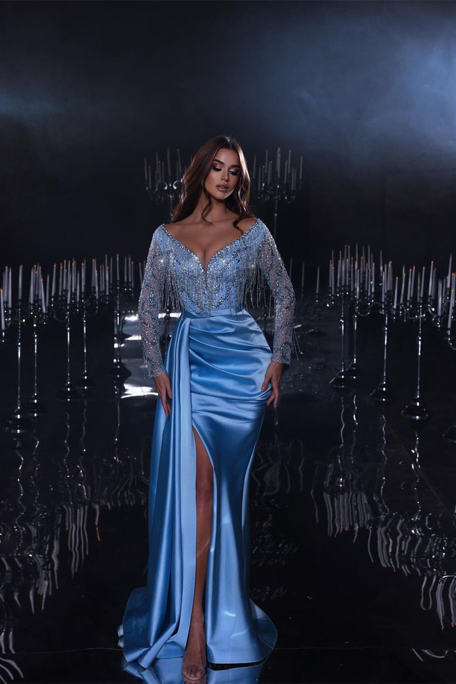 Gorgeous Long Mermaid Blue V-neck Sequined Beading Split Prom Dress With Long Sleeves-misshow.com