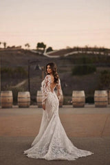 Gorgeous Long Mermaid Lace Wedding Dresses With Long Sleeves-misshow.com