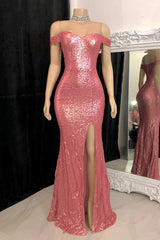 Gorgeous Long Mermaid Off-the-shoulder Sequined Split Prom Dress-misshow.com