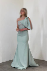 Gorgeous Long Mermaid One Shoulder Satin Rhinestones Sleeveless Prom Dress