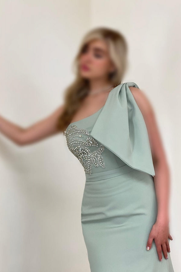 Gorgeous Long Mermaid One Shoulder Satin Rhinestones Sleeveless Prom Dress