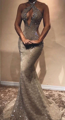 Gorgeous Long Mermaid Sexy Lace Sequined Sleeveless Prom Dress-misshow.com