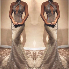 Gorgeous Long Mermaid Sexy Lace Sequined Sleeveless Prom Dress-misshow.com