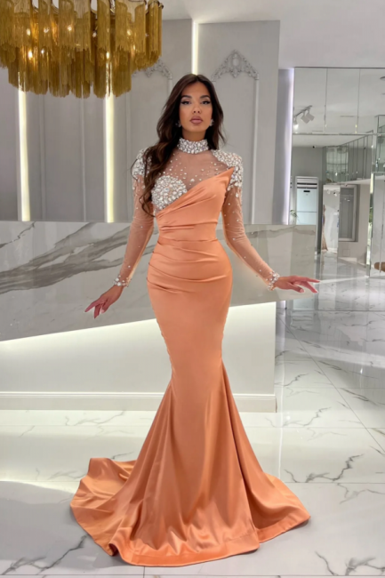 Gorgeous Long Orange Mermaid High Neck Prom Dress with Long Sleeves