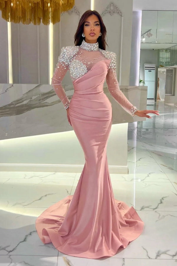 Gorgeous Long Orange Mermaid High Neck Prom Dress with Long Sleeves