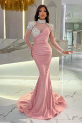 Gorgeous Long Orange Mermaid High Neck Prom Dress with Long Sleeves