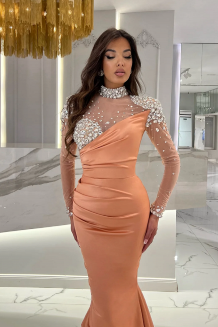 Gorgeous Long Orange Mermaid High Neck Prom Dress with Long Sleeves