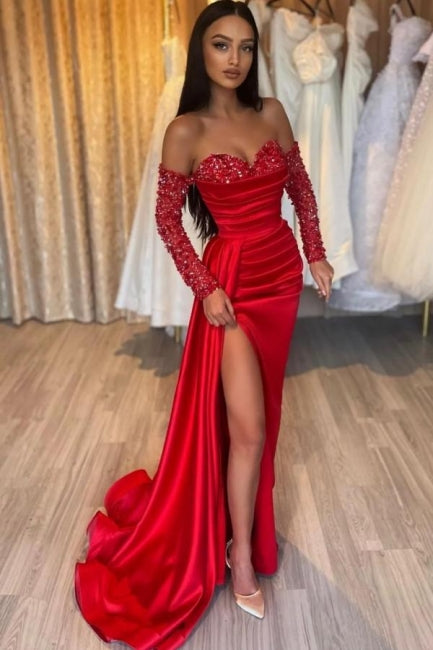 Gorgeous Long Red Mermaid Sweetheart Sequined Beading Long Sleeves Prom Dress with Slit