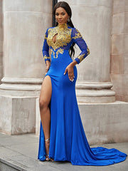 Gorgeous Mermaid Applique Long Sleeves Jersey High Neck Prom Dresses