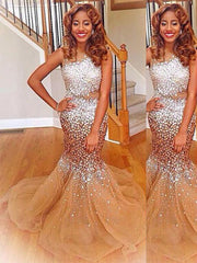 Gorgeous Mermaid Bateau Sleeveless Sequin Tulle Prom Dresses