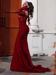 Gorgeous Mermaid Elastic Woven Satin Applique Off-the-Shoulder Long Sleeves Prom Dresses