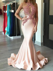 Gorgeous Mermaid Halter Satin Sleeveless Applique Prom Dresses