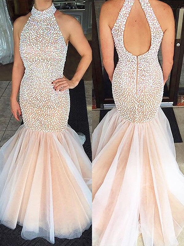 Gorgeous Mermaid Halter Sleeveless Beading Tulle Prom Dresses