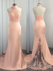 Gorgeous Mermaid Halter Sleeveless Satin Lace Prom Dresses