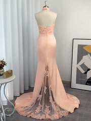 Gorgeous Mermaid Halter Sleeveless Satin Lace Prom Dresses