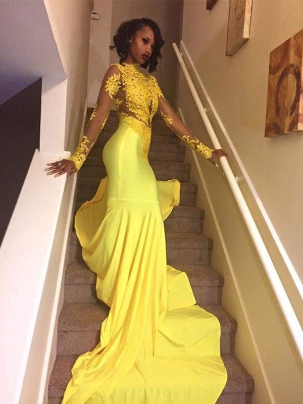 Gorgeous Mermaid High Neck Long Sleeves Applique Satin Prom Dresses