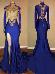 Gorgeous Mermaid High Neck Long Sleeves Applique Spandex Prom Dresses