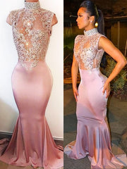 Gorgeous Mermaid High Neck Sleeveless Silk like Satin Lace Prom Dresses