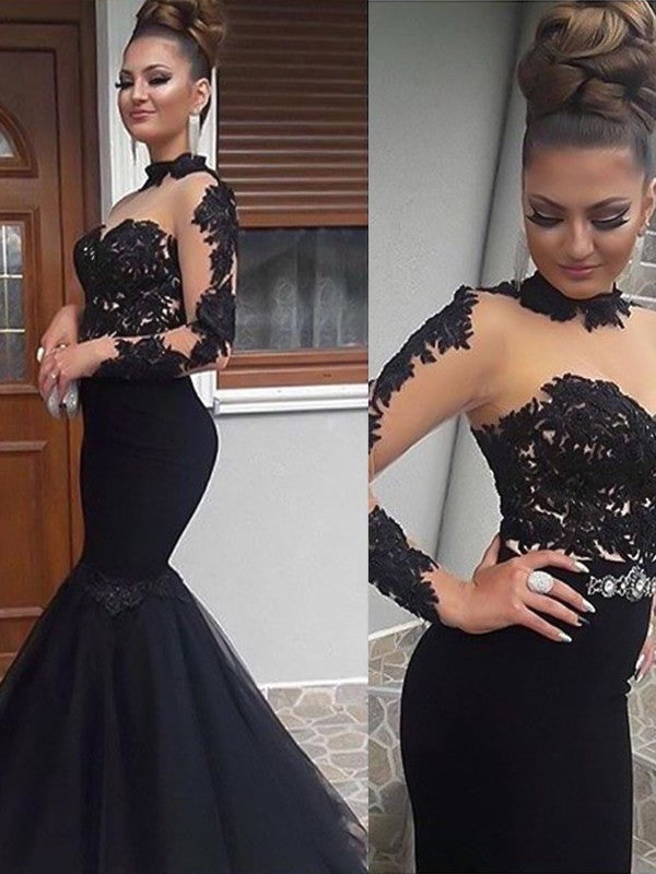 Gorgeous Mermaid Long Sleeves High Neck Floor-Length Applique Tulle Prom Dresses