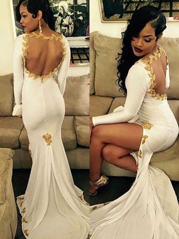 Gorgeous Mermaid Long Sleeves Scoop Applique Spandex Prom Dresses