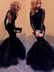 Gorgeous Mermaid Long Sleeves Scoop Lace Tulle Prom Dresses