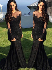 Gorgeous Mermaid Long Sleeves Sheer Neck Applique Spandex Prom Dresses