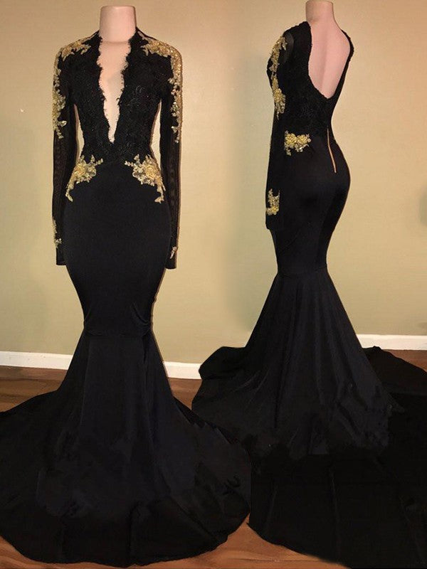 Gorgeous Mermaid Long Sleeves V-neck Applique Spandex Prom Dresses