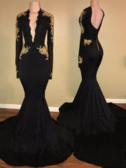 Gorgeous Mermaid Long Sleeves V-neck Applique Spandex Prom Dresses