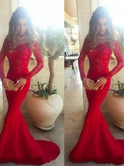 Gorgeous Mermaid Off-the-Shoulder Long Sleeves Lace Elastic Woven Satin Prom Dresses