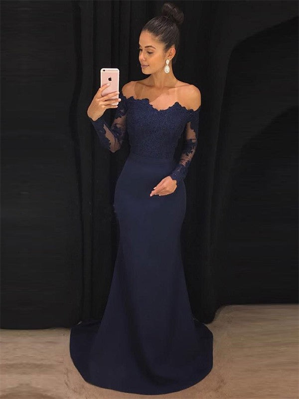 Gorgeous Mermaid Off-the-Shoulder Long Sleeves Lace Stretch Crepe Prom Dresses