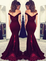 Gorgeous Mermaid Off-the-Shoulder Sleeveless Lace Elastic Woven Satin Prom Dresses