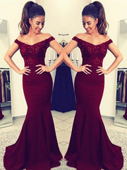 Gorgeous Mermaid Off-the-Shoulder Sleeveless Lace Elastic Woven Satin Prom Dresses