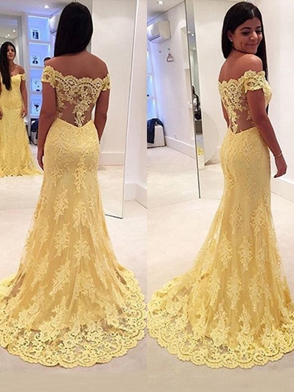 Gorgeous Mermaid Off-the-Shoulder Sleeveless Lace Prom Dresses