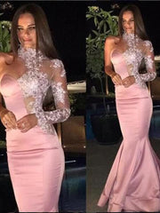 Gorgeous Mermaid Satin Applique One-Shoulder Long Sleeves Prom Dresses