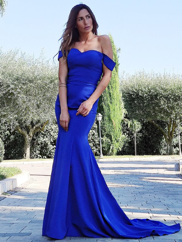 Gorgeous Mermaid Satin Ruffles Sleeveless Off-the-Shoulder Prom Dresses