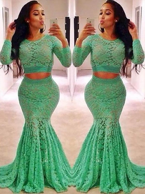 Gorgeous Mermaid Scoop Long Sleeves Lace Ruffles Two Piece Prom Dresses