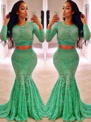 Gorgeous Mermaid Scoop Long Sleeves Lace Ruffles Two Piece Prom Dresses