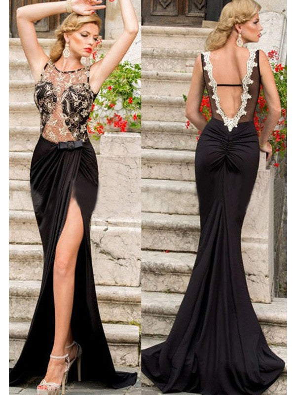 Gorgeous Mermaid Scoop Sleeveless Lace Jersey Prom Dresses